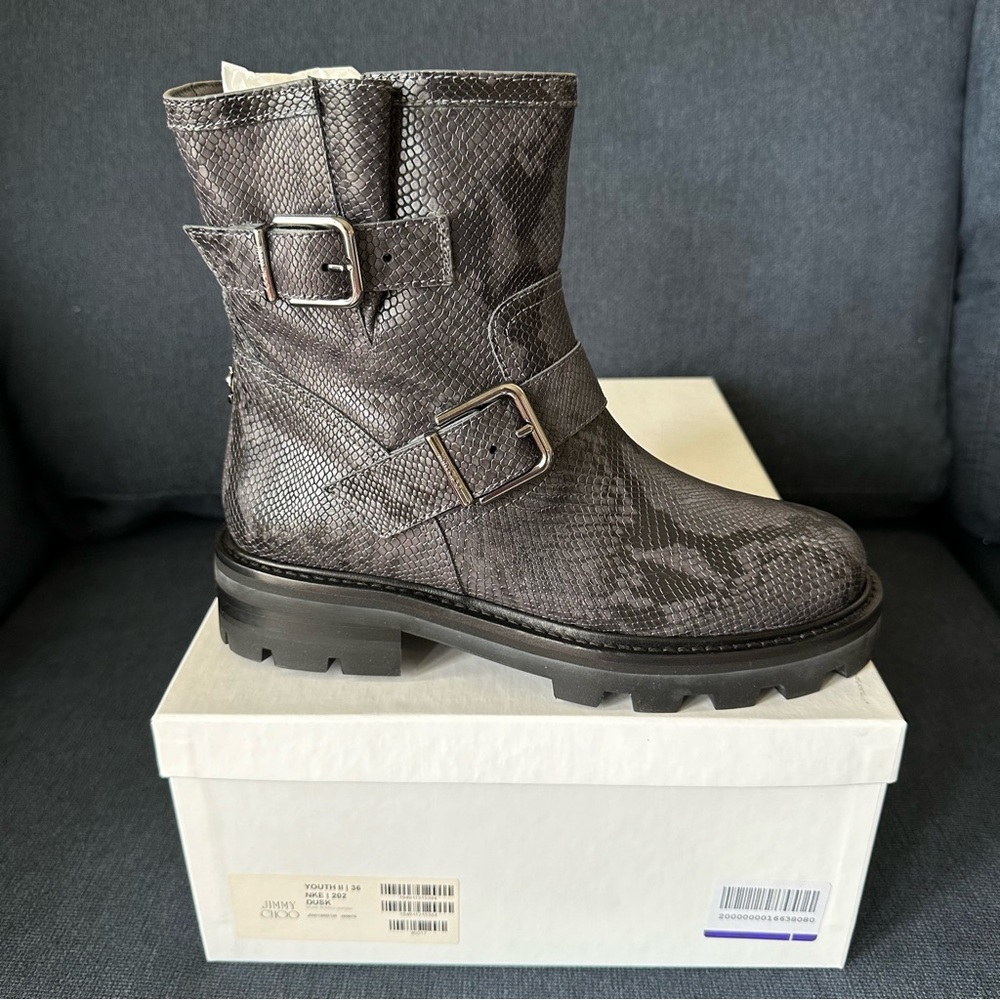 NWT Jimmy Choo Youth II Snake print leather boots Size 36, US 6. Dark grey